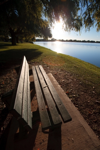 A Single Leaf on a Recycled Plastic Seat Beside a Lake at 4:30pm On a Sunday
